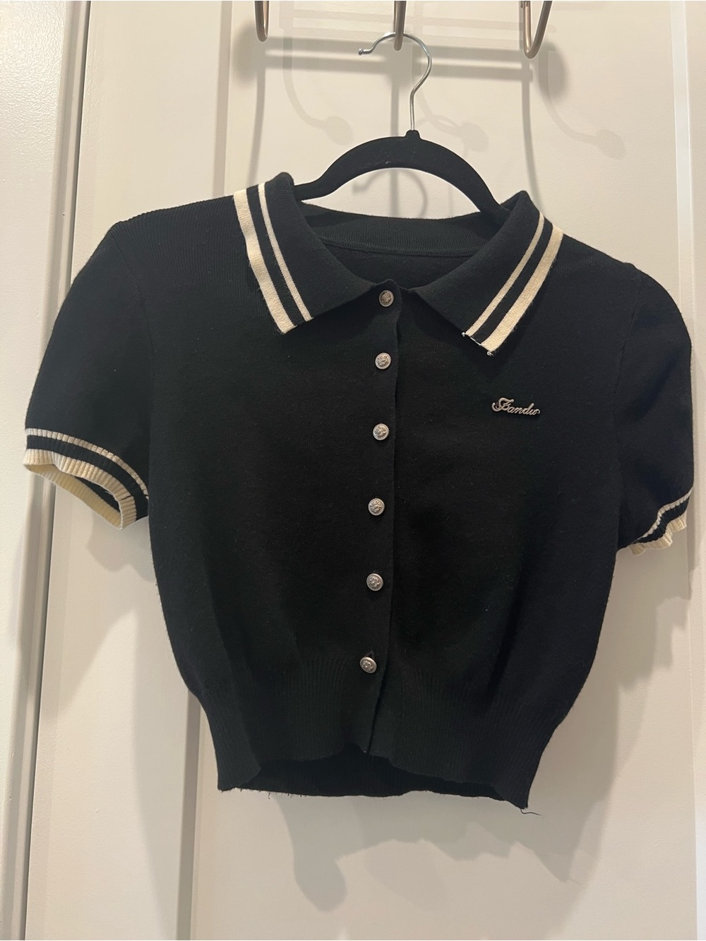 Black Knit Polo Cardigan with Ivory Trim